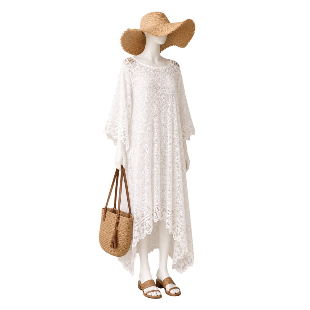 MIGUELINA Ivory Floral Lace Resort Caftan Cover-Up Dress‎ | Women's Est. M/L